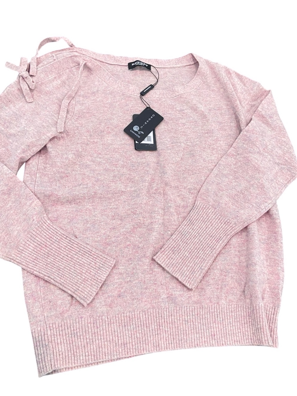 Repeat Cashmere Heathered  Blossom Pink Tie-Shoulder Sweater. NWT.